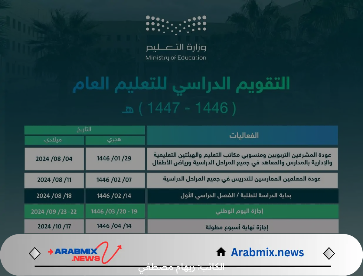 وزارة التعليم تعلن التقويم الدراسي 1446 ثلاث فصول وموعد الإجازات للطلاب بالمملكة السعودية