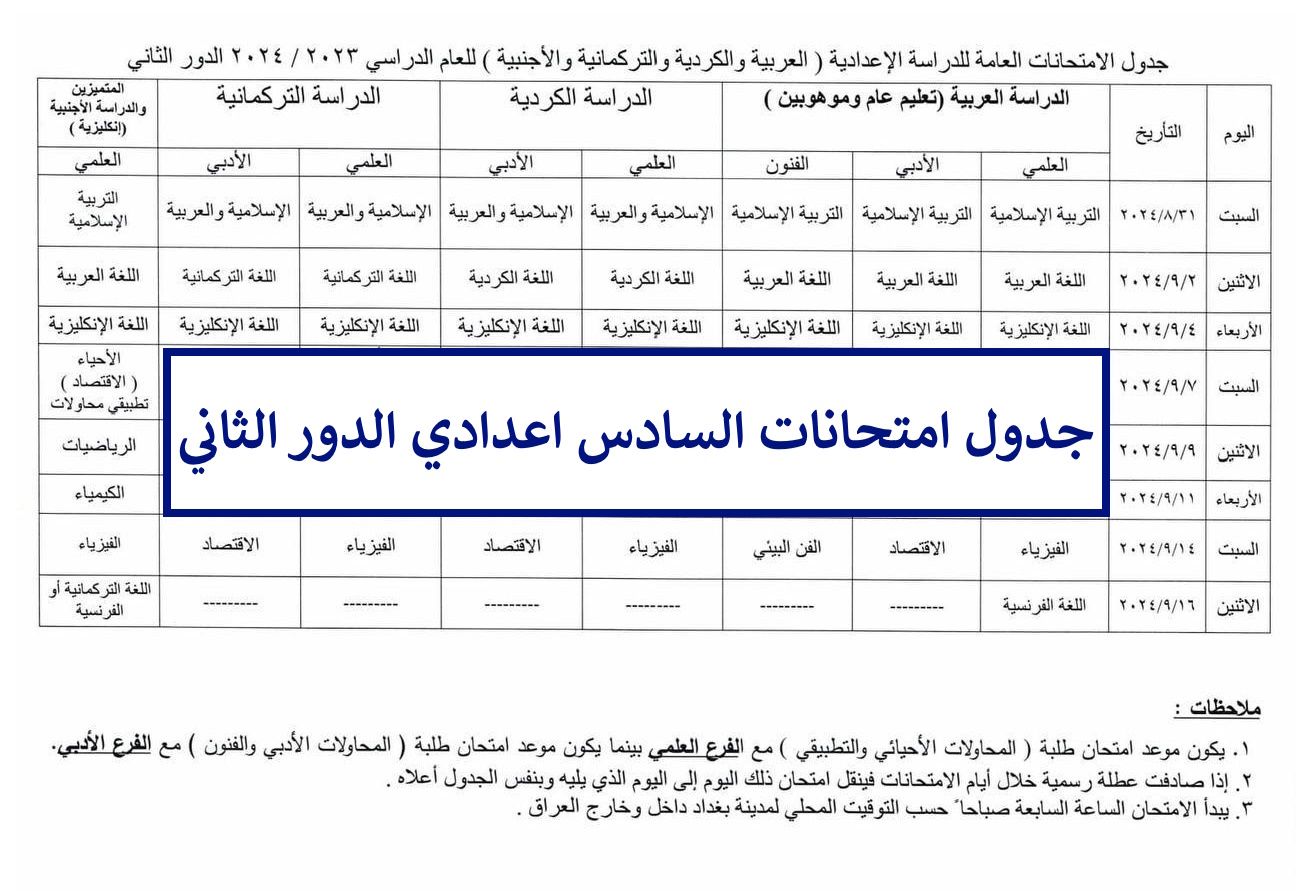 هنا.. جدول امتحانات السادس اعدادي الدور الثاني 2024 الرسمي وزارة التربية العراقية